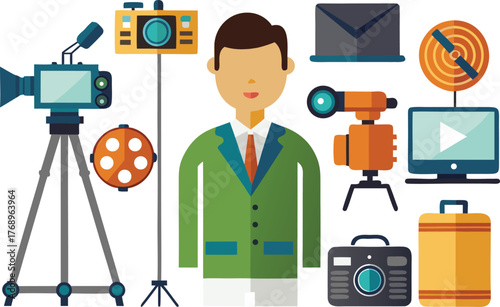 Captivating collection of professional video production equipment and a stylish businessman ready for action