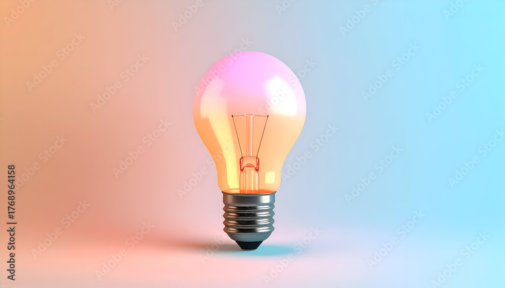 Fototapeta premium Illuminated light bulb with a pink glow against a gradient background of orange and blue.