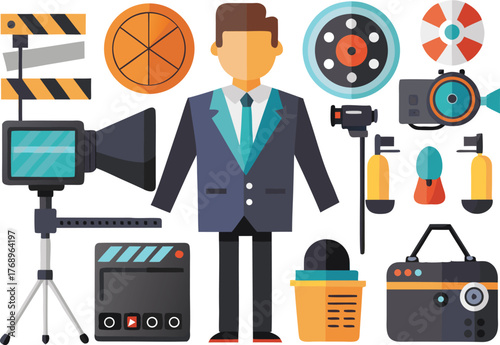 Dynamic filmmaker surrounded by professional cinema equipment, ready to capture compelling stories and create stunning visual narratives for any project.