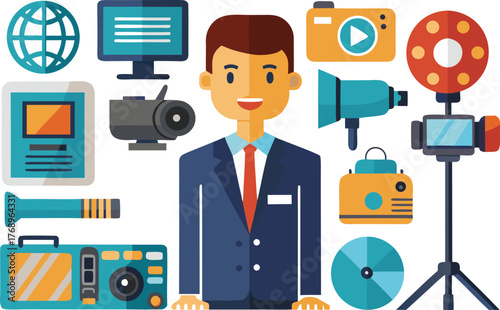 Professional content creator surrounded by modern media equipment for dynamic storytelling and broadcasting projects