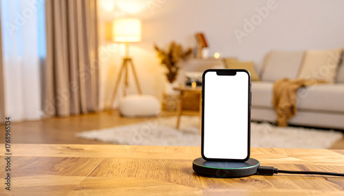 A smartphone on a wireless charger, with a blurred living room background.