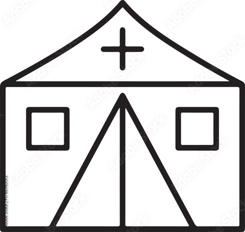 Simple outline icon of a medical tent with a cross symbol