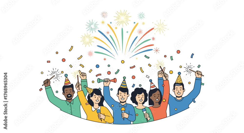 Fototapeta premium Diverse Group Celebration with Confetti and Fireworks, Ideal for Illustrating Festive Events and Company Success Announcements