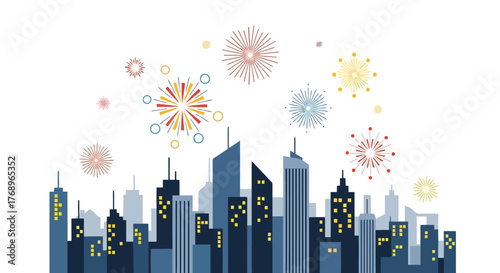 Festive City Skyline Celebration with Fireworks Display, ideal for holiday promotions, event announcements, and urban development projects showcasing vibrant community gatherings.
