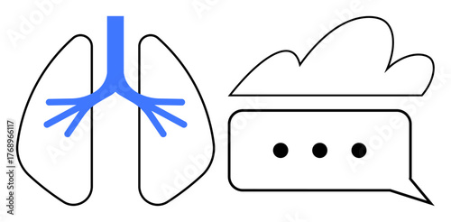 Lungs with blue trachea connected to a speech bubble and cloud, depicting airflow, health, and communication. Ideal for health, breathing, respiratory medicine, messaging, speech education simple
