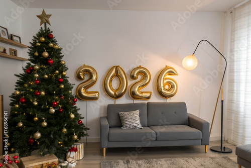 2026 New Year Living Room Decor with Gold Balloons and Christmas Tree
