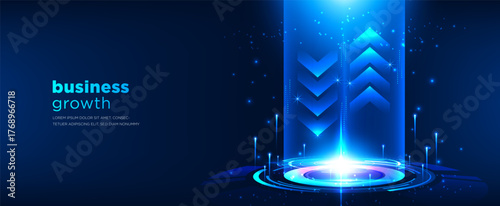 Business growth arrow on blue technology background. Modern futuristic with neon light effect for presentation vector illustration. banner design
