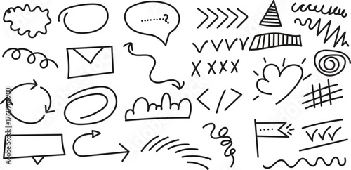 Abstract hand drawn doodle elements with arrows, shapes, and symbols on white background. Creative sketch illustration for design projects and presentation decoration. 