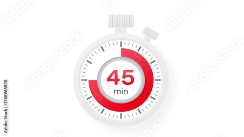 The 45 minutes timer. Stopwatch icon in flat style. Motion graphics. 4k video