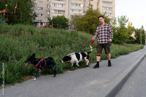 Photography Man in checkered shirt and shorts walks two dogs on leashes near tall apartment