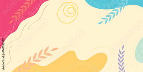Abstract pastel background with colorful leaf shapes and wavy curves for modern design projects. Minimal floral backdrop, soft gradient organic pattern, elegant decorative template background art.