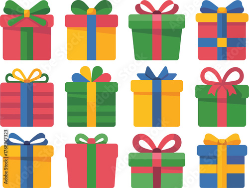 Colorful gift boxes with ribbons vector set for festive Christmas and birthday celebration