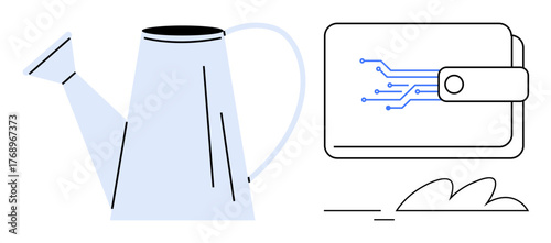 Watering can alongside a digital wallet with circuit motifs connected to growth signs. Ideal for fintech, investment, savings, sustainability, technology, digital lifestyle, innovation. Simple flat