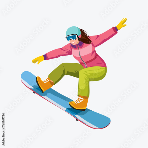 A woman snowboarding down a slope, wearing winter gear, with a blue snowboard and goggles.