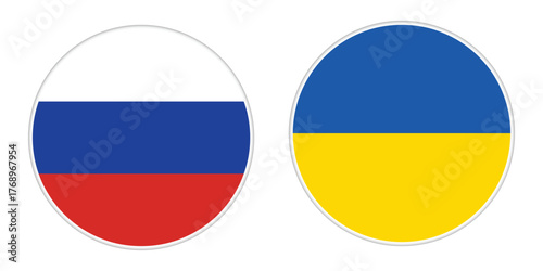 Round flag of Russia and Ukraine. Russian and Ukrainian flag in circle shape. Transparent PNG and vector