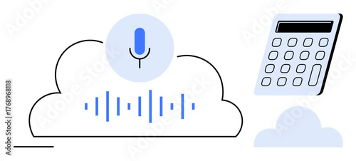 Microphone above cloud symbol, sound waves, and calculator representing voice data storage, cloud computing, and digital analytics. Ideal for tech, AI, innovation, apps productivity sound