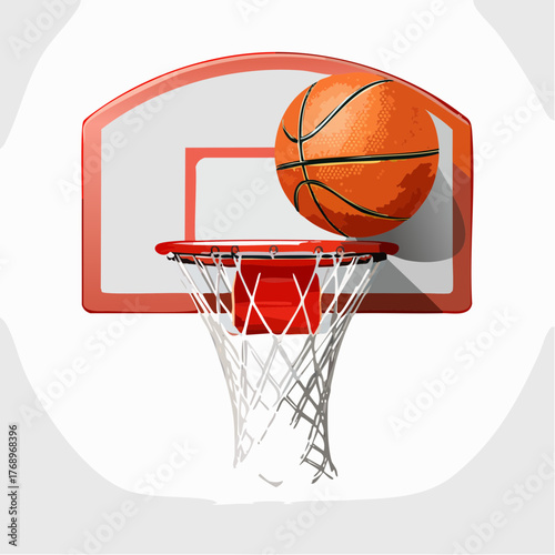 A basketball in mid-air, about to go through the hoop, with the backboard in the background.