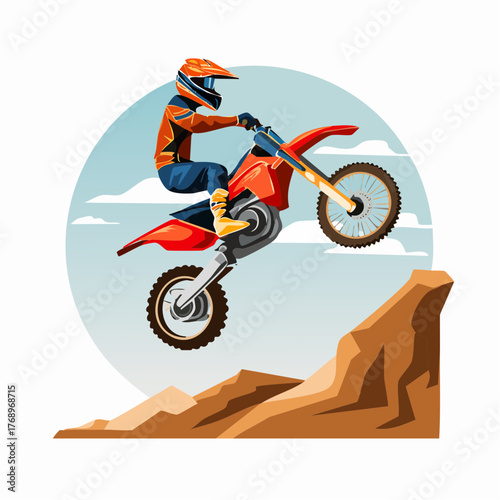 A motocross rider in action, performing a wheelie over a rocky terrain with a blue sky background.