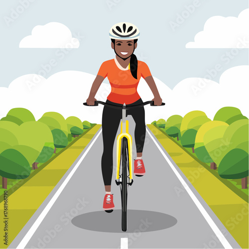 A woman rides a yellow bicycle on a road, wearing a helmet and sportswear.