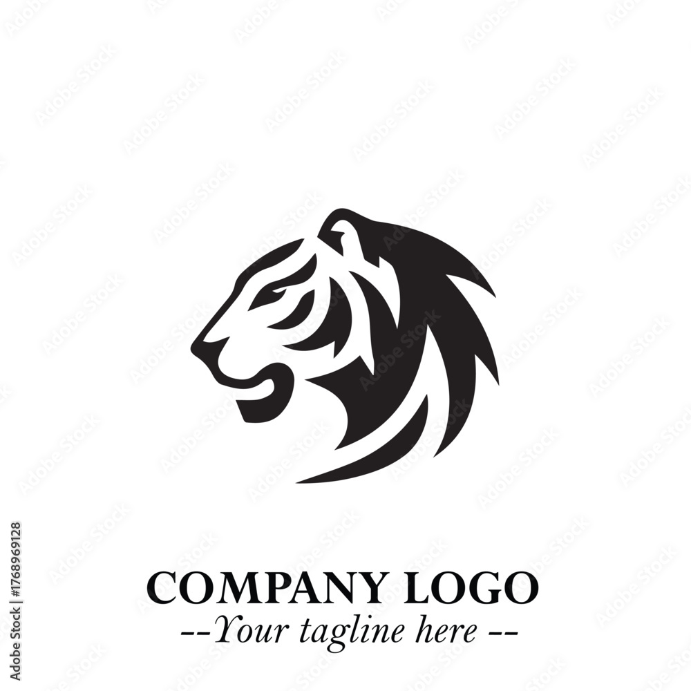 Naklejka premium Powerful Head of Tiger Logo Symbol in Black on White Background with Bold Modern Minimalist Design