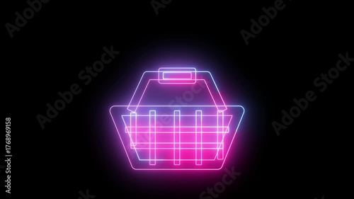 Neon shopping basket icon glowing on black background