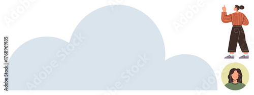 Woman pointing at large cloud with profile icon, symbolizing interactions in online space or data storage. Ideal for technology, cloud computing, communication, social networking, teamwork