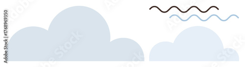 Flat design of two soft blue clouds beside wavy black and blue lines representing wind or water. Ideal for weather, nature, tranquility, simplicity, air, flow, and minimal abstract design metaphor