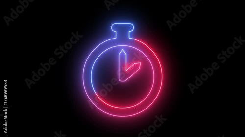 Neon stopwatch icon with blue and red glow on black