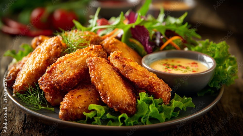 Fototapeta premium Crispy Golden Chicken Wings Served with Fresh Garden Salad and Creamy Dipping Sauce on Rustic Wooden Table