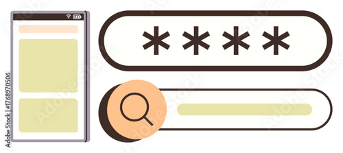 Mobile app interface with text fields, password entry, and a search bar with magnifying glass. Ideal for online security, login systems, user access, web navigation, search, data entry simple flat