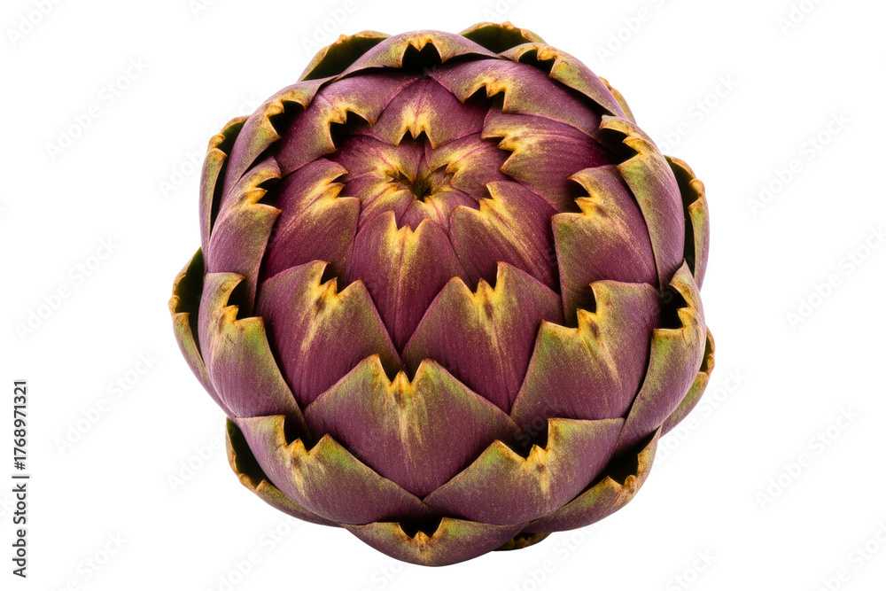 Fototapeta premium Fresh raw purple and green artichoke heads isolated on a transparent background