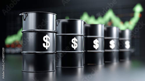 Black oil barrels with glowing dollar signs, green rising graph behind