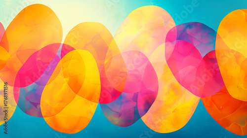 A colorful abstract painting with a blue background