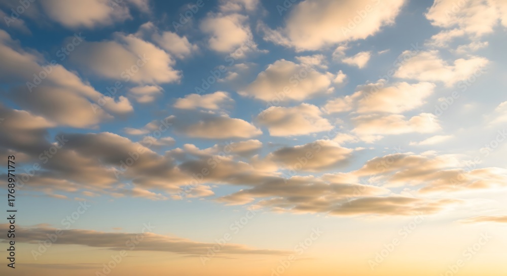 Fototapeta premium Soft Blue Sky with White Fluffy Clouds under Warm Sunlight