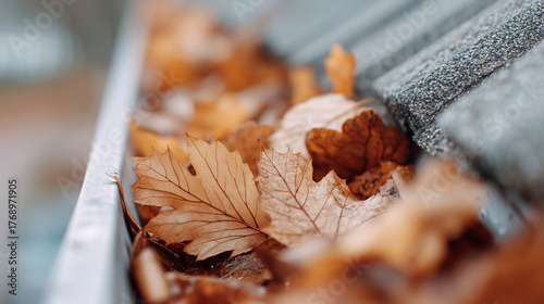 Close-up of gutter packed with dry autumn leaves, textured roof edge visible