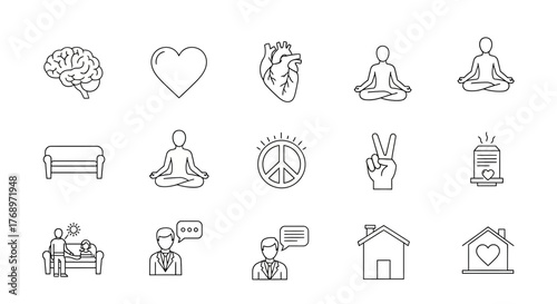 Set of wellness and lifestyle icons simple line art vector symbols for mental health and relaxation isolated on white background
