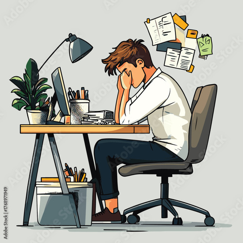 Stressed Office man Sighing at Work. Hand drawn style vector design illustrations.   , vector style simple color