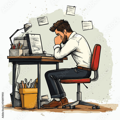 Stressed Office man Sighing at Work. Hand drawn style vector design illustrations.   , vector style simple color