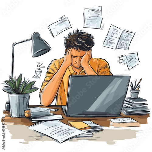 Stressed Office man Sighing at Work. Hand drawn style vector design illustrations.   , vector style simple color