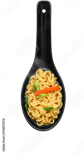 Instant Ramen Noodles With Sliced Scallions And Red Pepper On Black Spoon