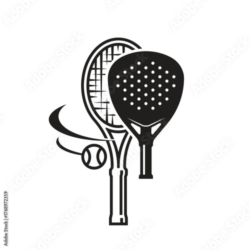 Black and White Crossed Tennis and Padel Rackets with Ball
