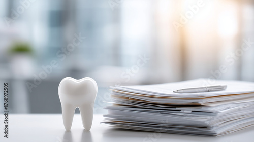 Tooth model with documents under sunlight, symbolizing dental business order