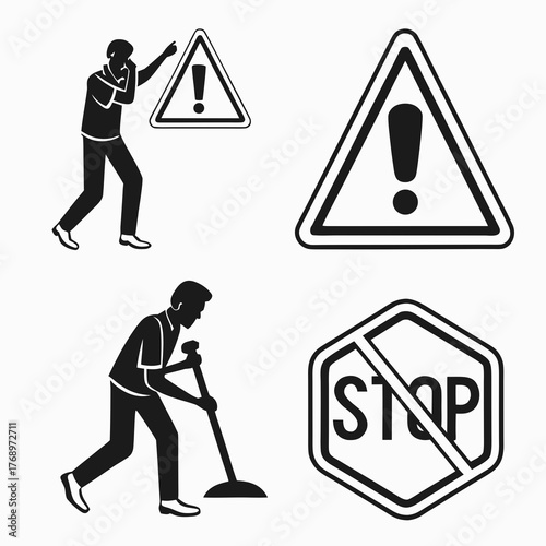 Man talking on the phone with warning sign and worker with plunger