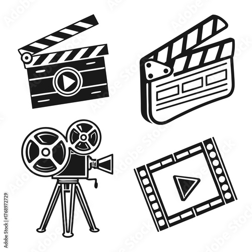 Line drawing of movie camera, clapperboard, film