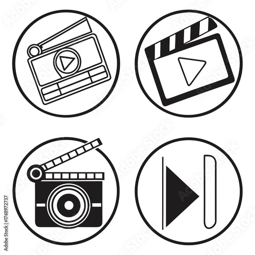 Four movie clapperboard icons in a circle for video editing