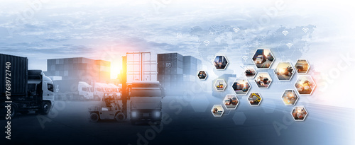 World map with logistic network distribution on background. Logistic and transport concept in front Container Cargo freight ship for Concept of fast or instant shipping, Online goods orders worldwide