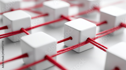 Structured layout of icon blocks and red strings, teamwork concept