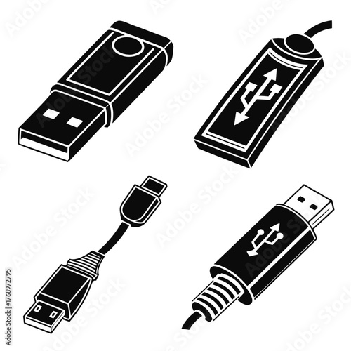 Four black and white vector icons showing different types of usb connectors