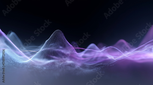 Futuristic audio waves in violet-cobalt gradient, glowing peaks on dark backdrop