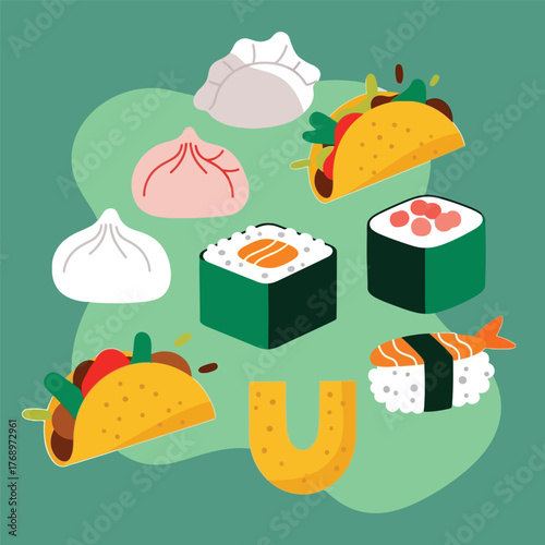 Simplified abstract food icons featuring dumplings, sushi, tacos, and snacks in flat minimal vector style with clean geometric modern design